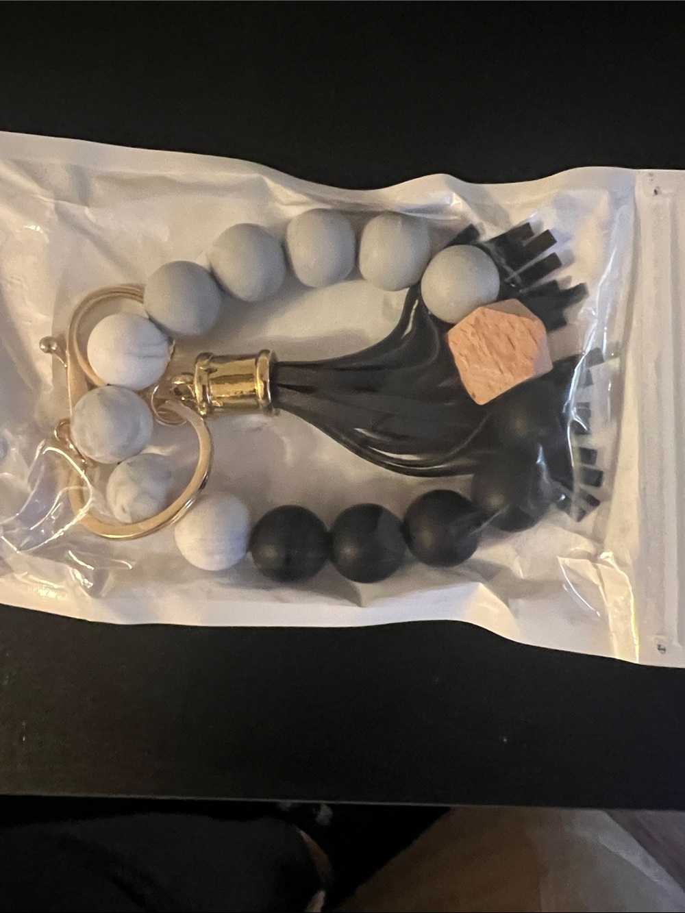 Beaded Tassel Keychain Wristlet - Black & White